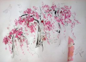 Geisha, roca y cerezos 40x31